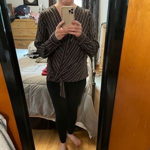 Black, white and red striped wrap shirt
